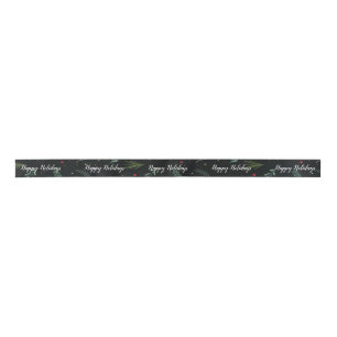 Festive Holiday Leaves Berries Botanical Narrow Satin Ribbon