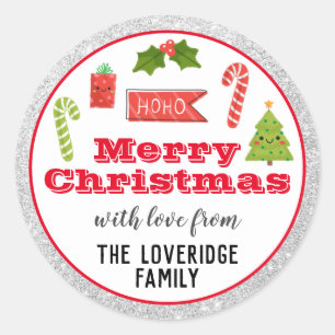 Festive Holiday Merry Christmas Red Silver Glitter Classic Round Sticker