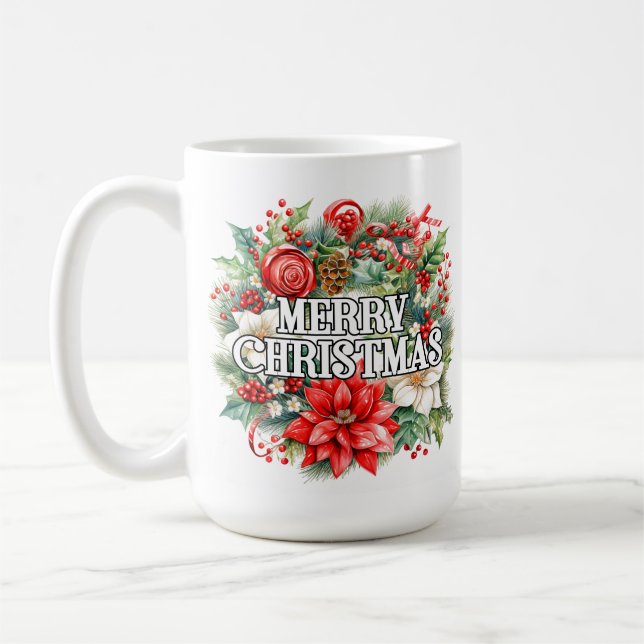Festive Holiday Merry Christmas Wreath Coffee Mug (Left)