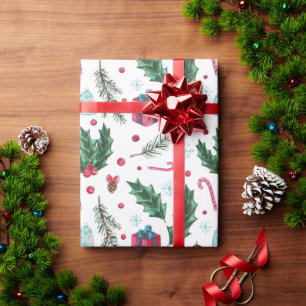 Festive Holiday Mistletoe Pine Snowflake Christmas Wrapping Paper