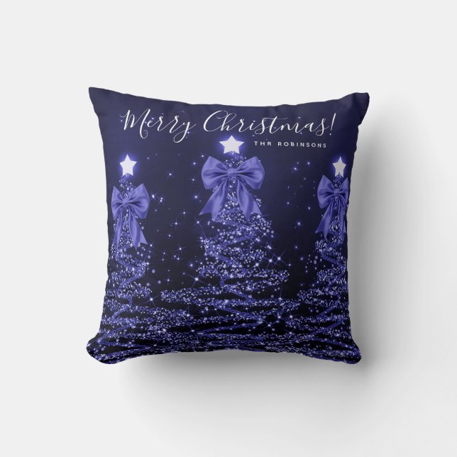Festive Holiday Navy Christmas Trees Name  Cushion (Front)