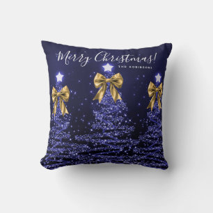 Festive Holiday Navy Christmas Trees Name Gold  Cushion