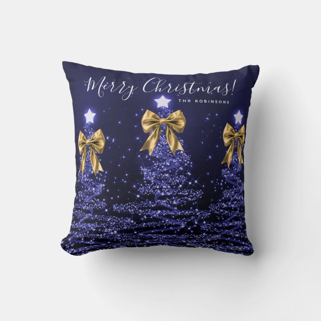 Festive Holiday Navy Christmas Trees Name Gold  Cushion (Front)