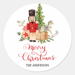 Festive Holiday Nutcracker Merry Christmas Script  Classic Round Sticker