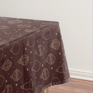 Festive Holiday Ornaments Gold on Chocolate Brown Tablecloth