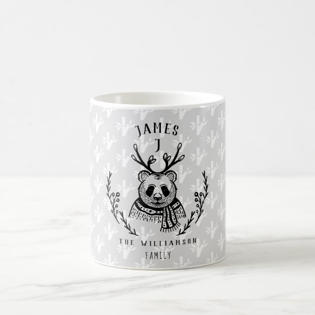 Festive Holiday Panda Bear Etching Family Monogram Coffee Mug (Center)