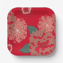 Festive holiday paper plates floral burst red