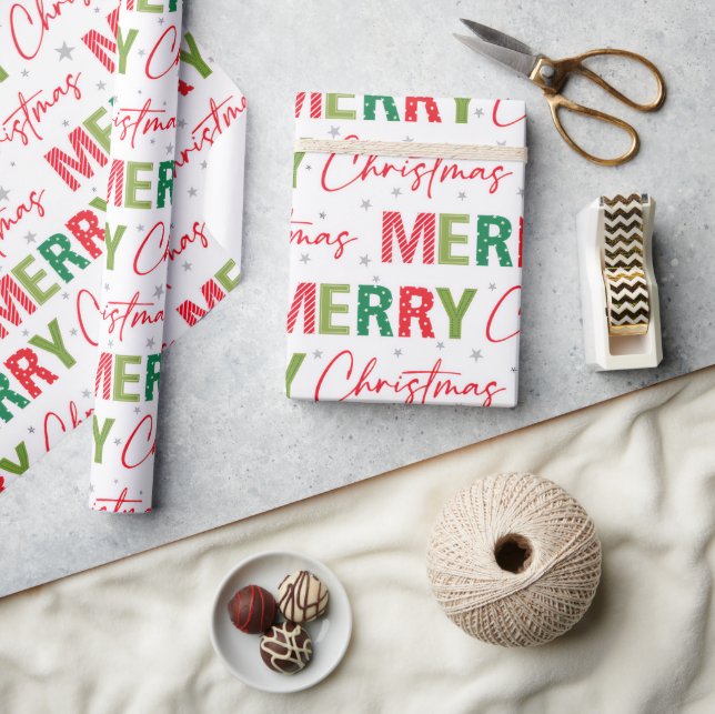 Festive Holiday Pattern Merry Christmas Typography Wrapping Paper (Crafts)