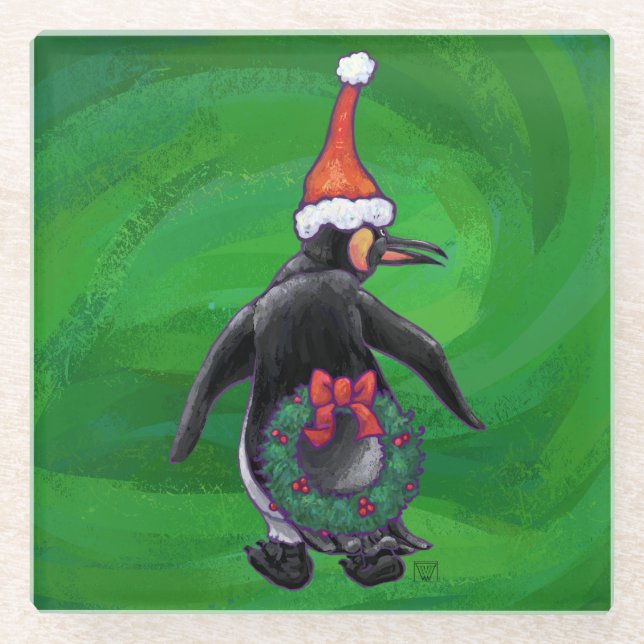 Festive Holiday Penguin on Green Glass Coaster (Front)