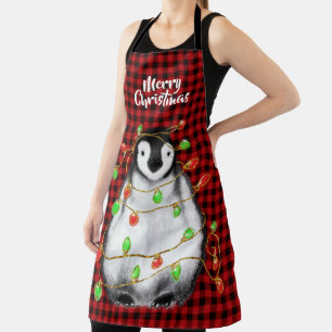 Festive Holiday Penguin, twinkle lights, red plaid Apron
