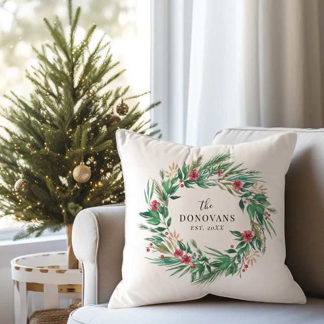 Festive Holiday Pine Wreath with Family Name Cushion (Creator Uploaded)