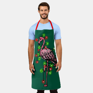 Festive  holiday pink flamingo, red green twinkle  apron