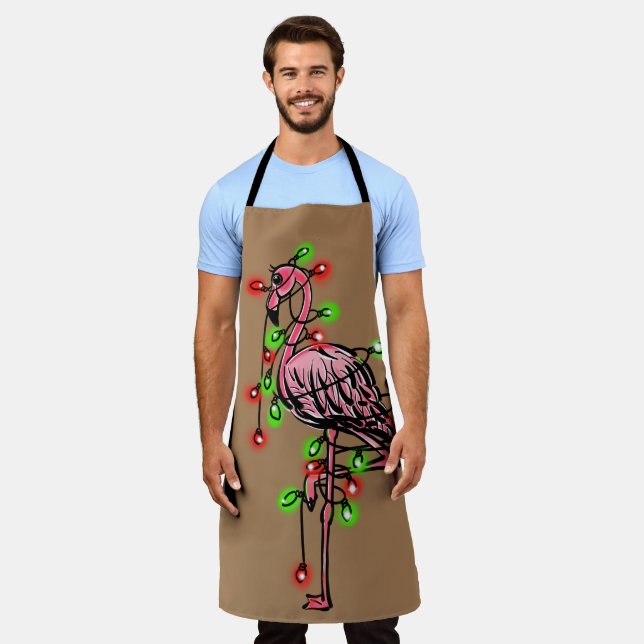 Festive  holiday pink flamingo, red green twinkle  apron (Worn)