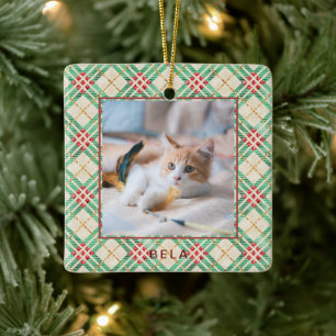 Festive Holiday Plaid Pet Name Christmas Ceramic Ornament