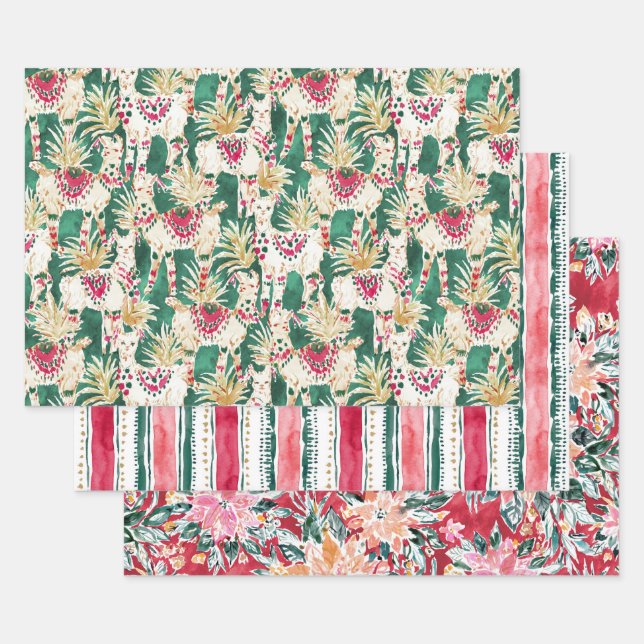 FESTIVE HOLIDAY Poinsettia Stripe Red Green Wrapping Paper Sheet (Set)
