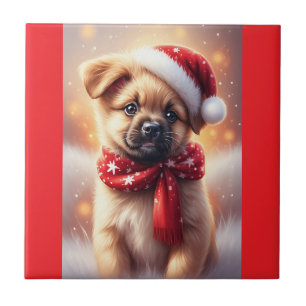 Festive Holiday Puppy Ceramic Tile
