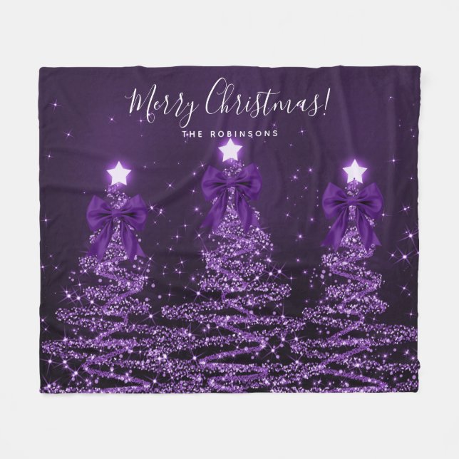 Festive Holiday Purple Christmas Trees Bows Fleece Blanket (Front (Horizontal))