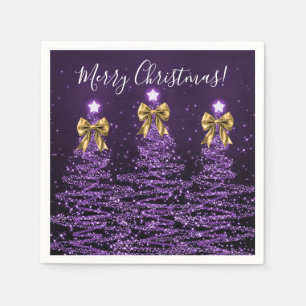 Festive Holiday Purple Christmas Trees Gold Bows Napkin