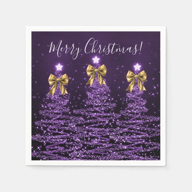 Festive Holiday Purple Christmas Trees Gold Bows Napkin (Front)