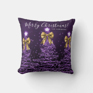 Festive Holiday Purple Christmas Trees Name Gold  Cushion