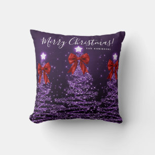 Festive Holiday Purple Christmas Trees Name Red  Cushion