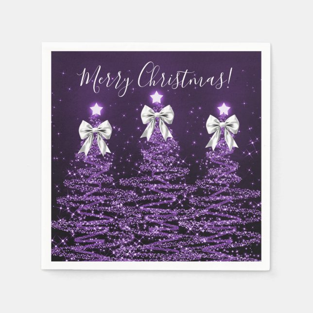 Festive Holiday Purple Christmas Trees Silver Bows Napkin (Front)