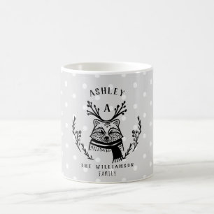 Festive Holiday Racoon Etching Family Monogram Coffee Mug