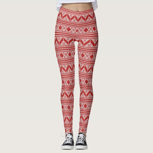 Festive Holiday Red and White Pattern Leggings (Front)