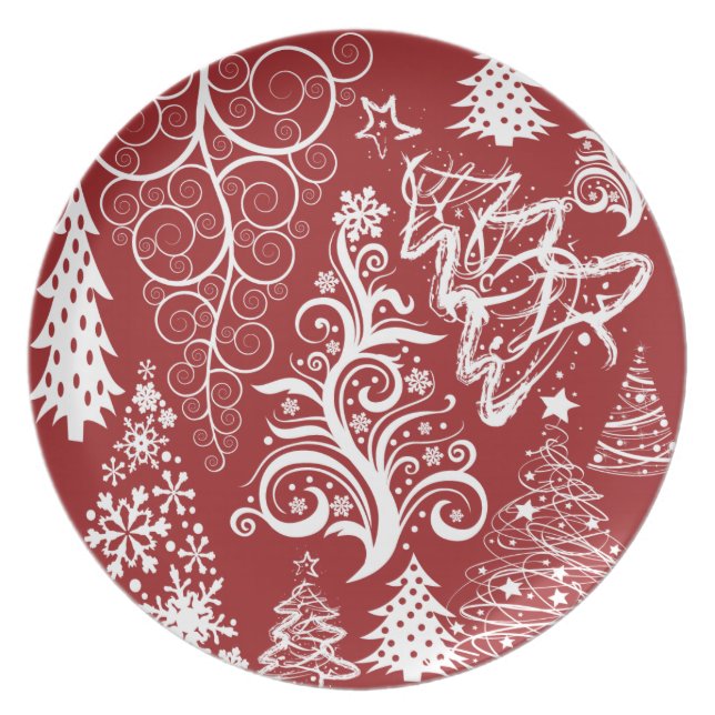 Festive Holiday Red Christmas Tree Xmas Pattern Plate (Front)