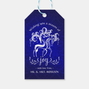 Festive Holiday Reindeer - Blue White Damask Gift Tags