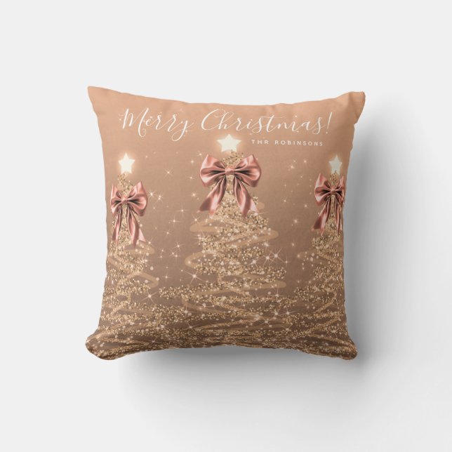Festive Holiday Rose Gold Christmas Trees Name Cushion (Front)