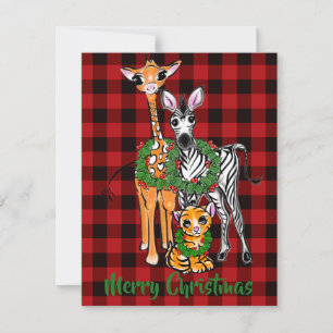 Festive Holiday safari friends, red black plaid   Card