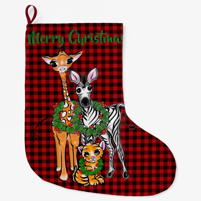 Festive Holiday safari friends, red black plaid  L Large Christmas Stocking (Front)