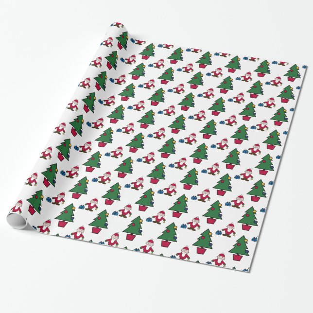Festive Holiday Santa & Trees Wrapping Paper (Unrolled)