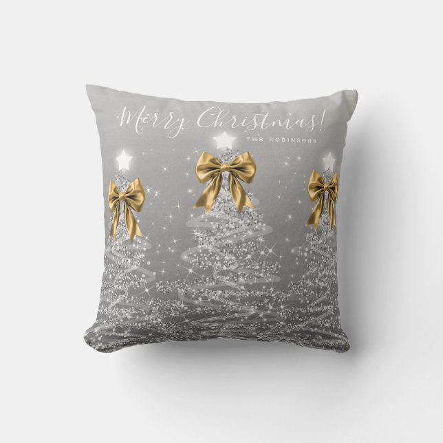 Festive Holiday Silver Christmas Trees Gold Name Cushion (Front)