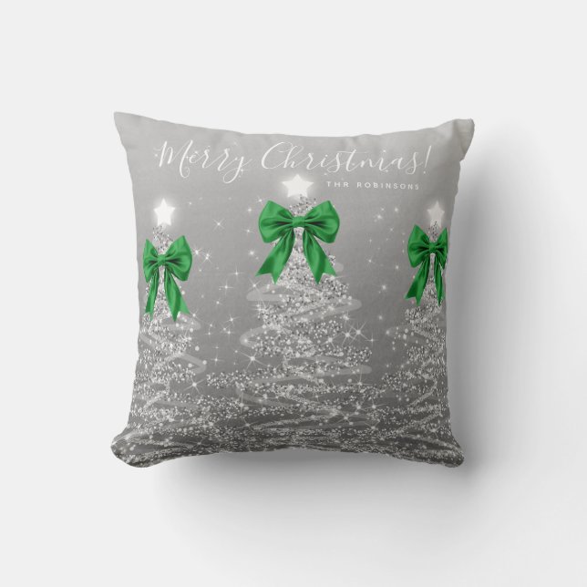 Festive Holiday Silver Christmas Trees Green Name Cushion (Front)