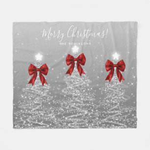 Festive Holiday Silver Christmas Trees Red Bows Fleece Blanket