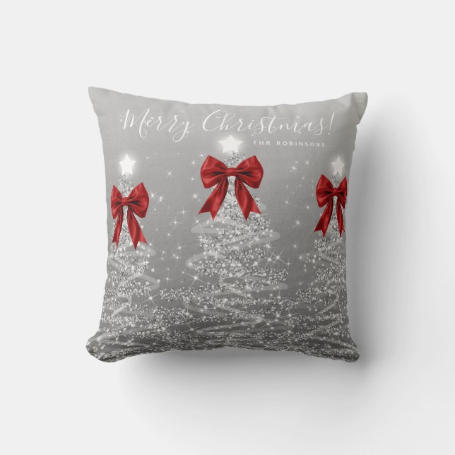 Festive Holiday Silver Christmas Trees Red Name Cushion (Front)