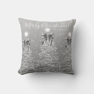 Festive Holiday Silver Christmas Trees w/ Name Cushion