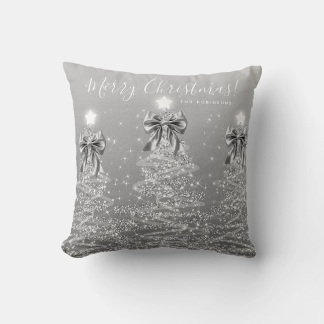 Festive Holiday Silver Christmas Trees w/ Name Cushion (Front)