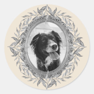 Festive Holiday Silver Leaves Wreath Photo Classic Round Sticker