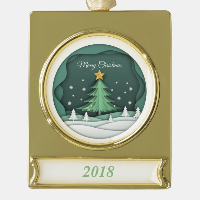 Festive Holiday Tree Design Gold Plated Banner Ornament (Front)