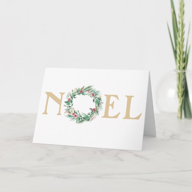 Festive Holiday Watercolor Noel Wreath Photo Card (Front)