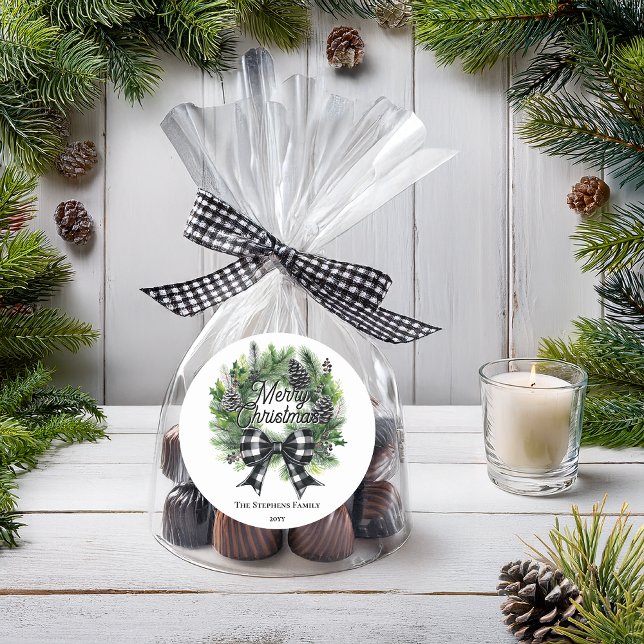 Festive Holiday Wreath BW Bow Merry Christmas  Classic Round Sticker (Festive Holiday Wreath with BW Check Coquette Bow "Merry Christmas" Favor or Gift Stickers)