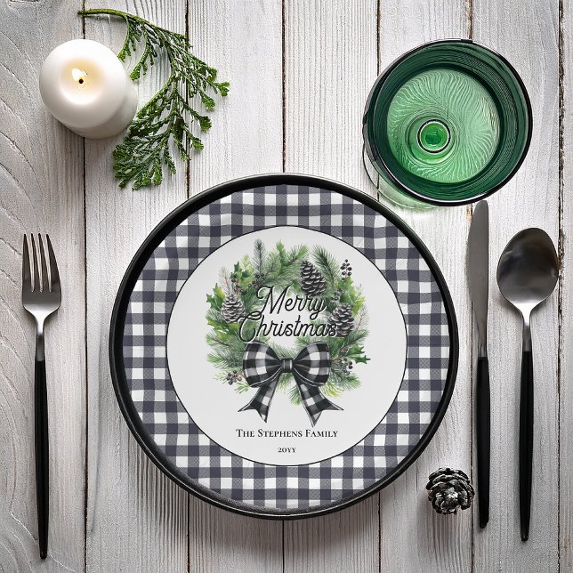Festive Holiday Wreath BW Bow Merry Christmas  Paper Plate (Festive Holiday Wreath with BW Check Coquette Bow "Merry Christmas" Paper Plates)