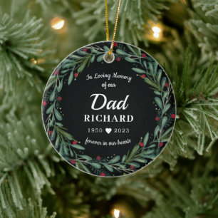 Festive Holiday Wreath Dad Memorial Photo Back Ceramic Ornament