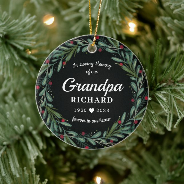 Festive Holiday Wreath Grandpa Memorial Photo Back Ceramic Ornament (Tree)