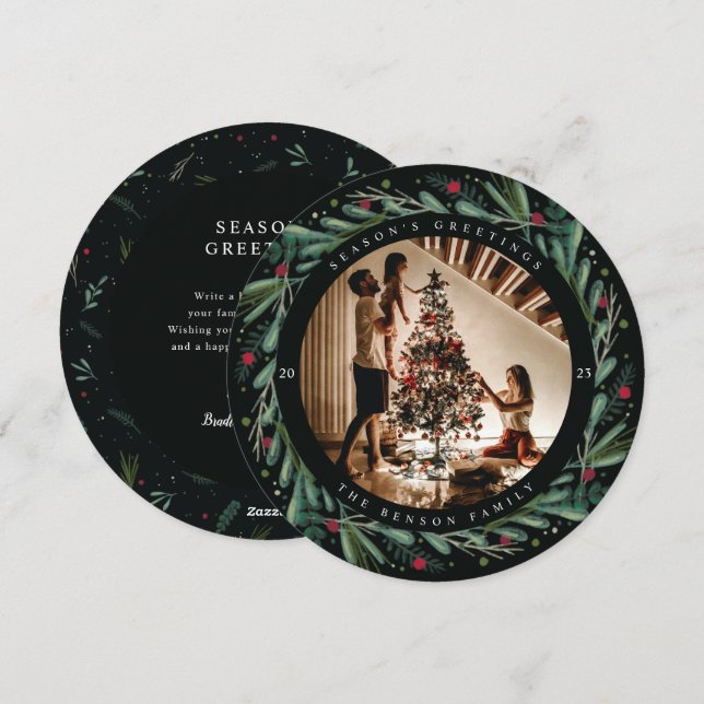 Festive Holiday Wreath Leaves Berries Round Card (Front/Back)