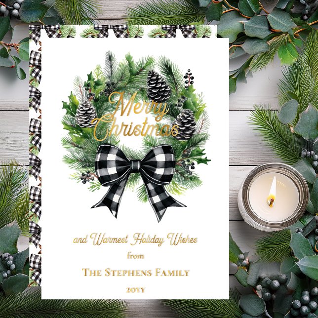 Festive Holiday Wreath Merry Christmas Non-Photo (Festive Holiday Wreath with Black | White Check Coquette Bow "Merry Christmas" Foil Holiday Card)