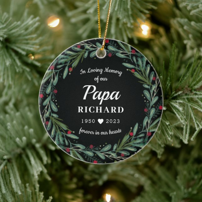 Festive Holiday Wreath Papa Memorial Photo Back Ceramic Ornament (Tree)